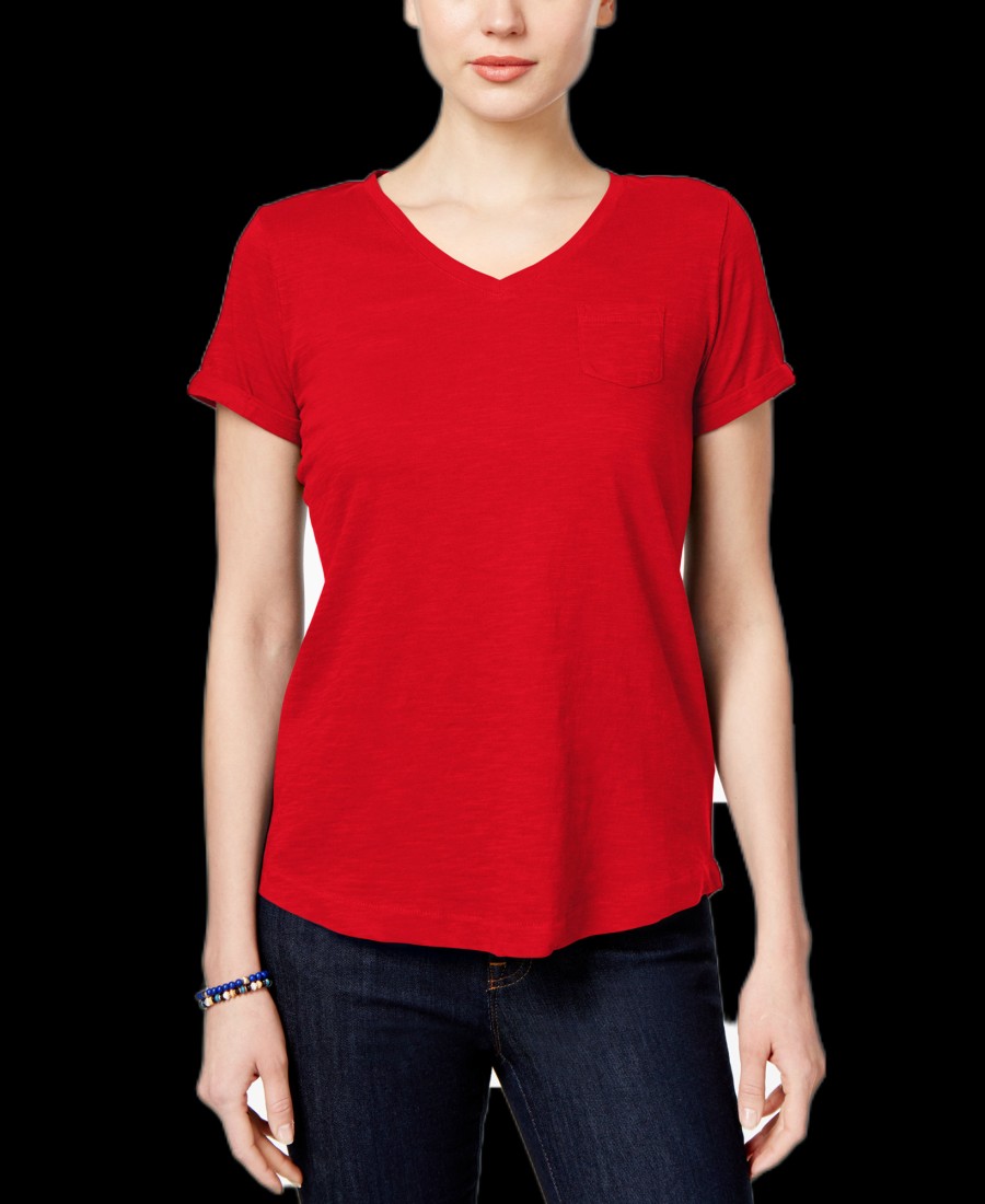 Women'S Style & Co | Petite V-Neck Pocket T-Shirt Real Red