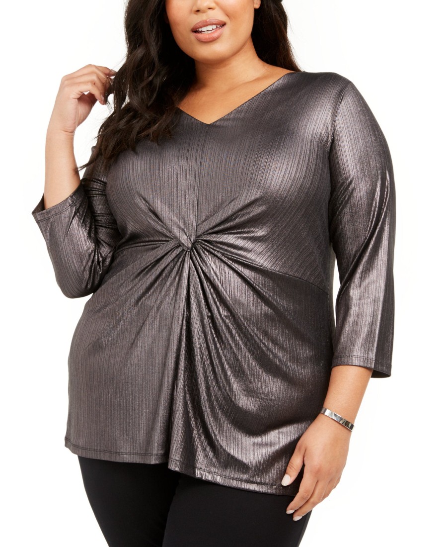 Women'S Alfani | Plus Metallic Twist-Front Top Gunmetal Deep Black