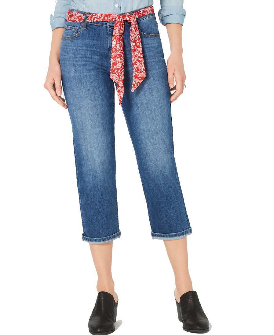 Women'S Style & Co | Petite Scarf-Belt Cuffed Capri Jeans Neptune Dark Wash