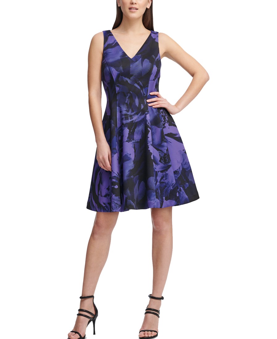 Women'S DKNY | Electric Flower Printed Fit & Flare Dress Dark Pansy