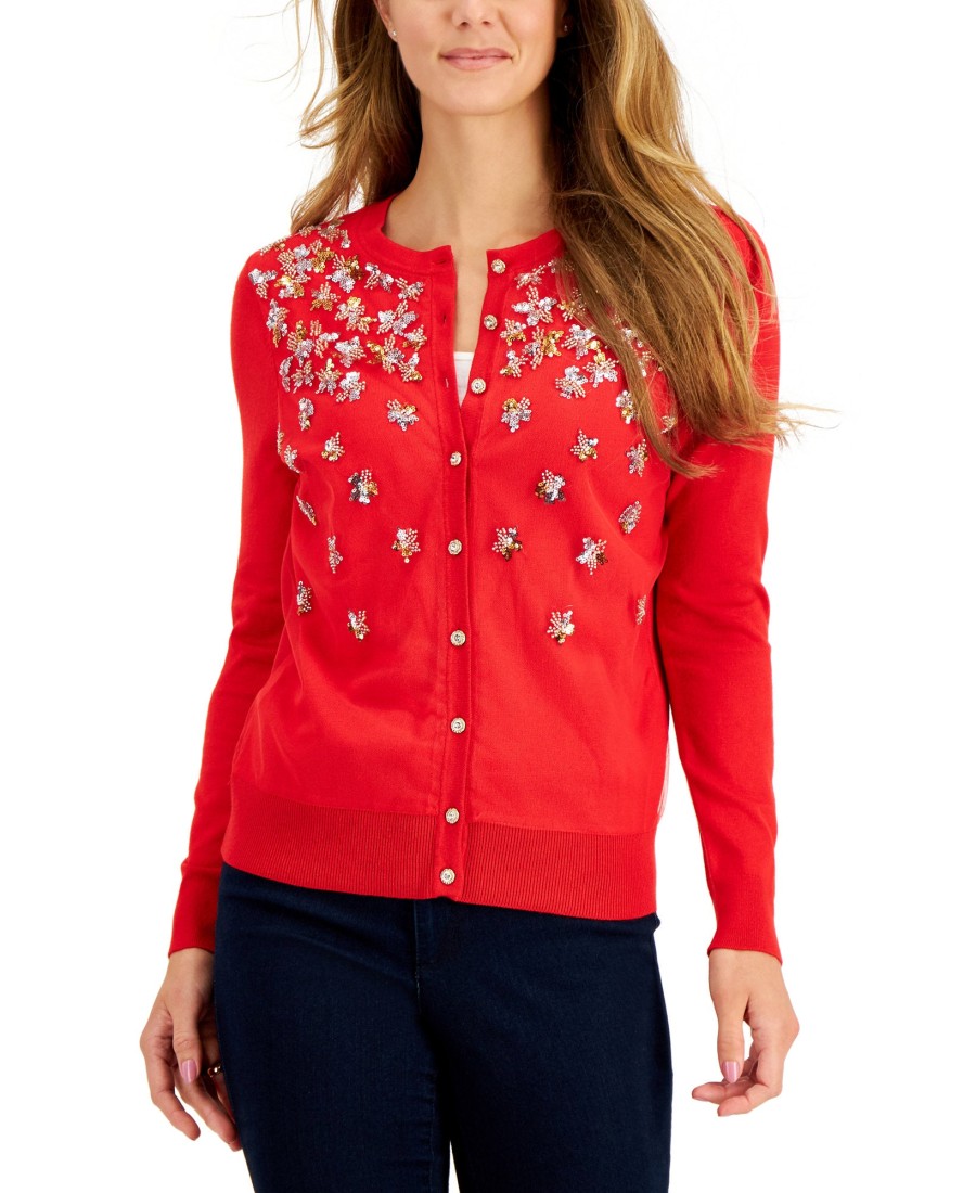 Women'S Charter Club | Sequined Cardigan Ravishing Red Combo