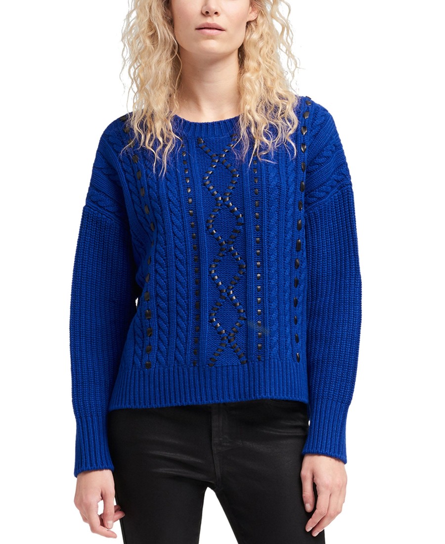 Women'S DKNY | Faux-Leather Cable-Knit Sweater Sapphire