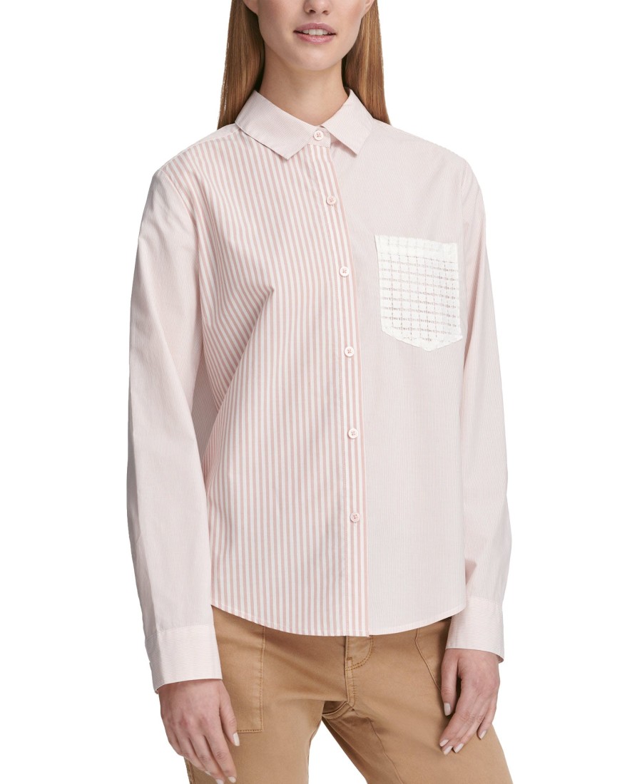 Women'S DKNY | Long-Sleeve Striped Button-Up Shirt Blush Combo