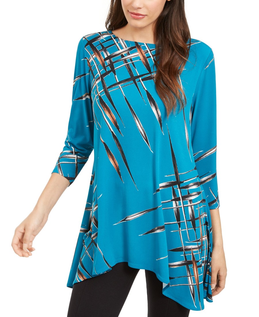 Women'S Alfani | Petite Printed Swing Top Teal Plait