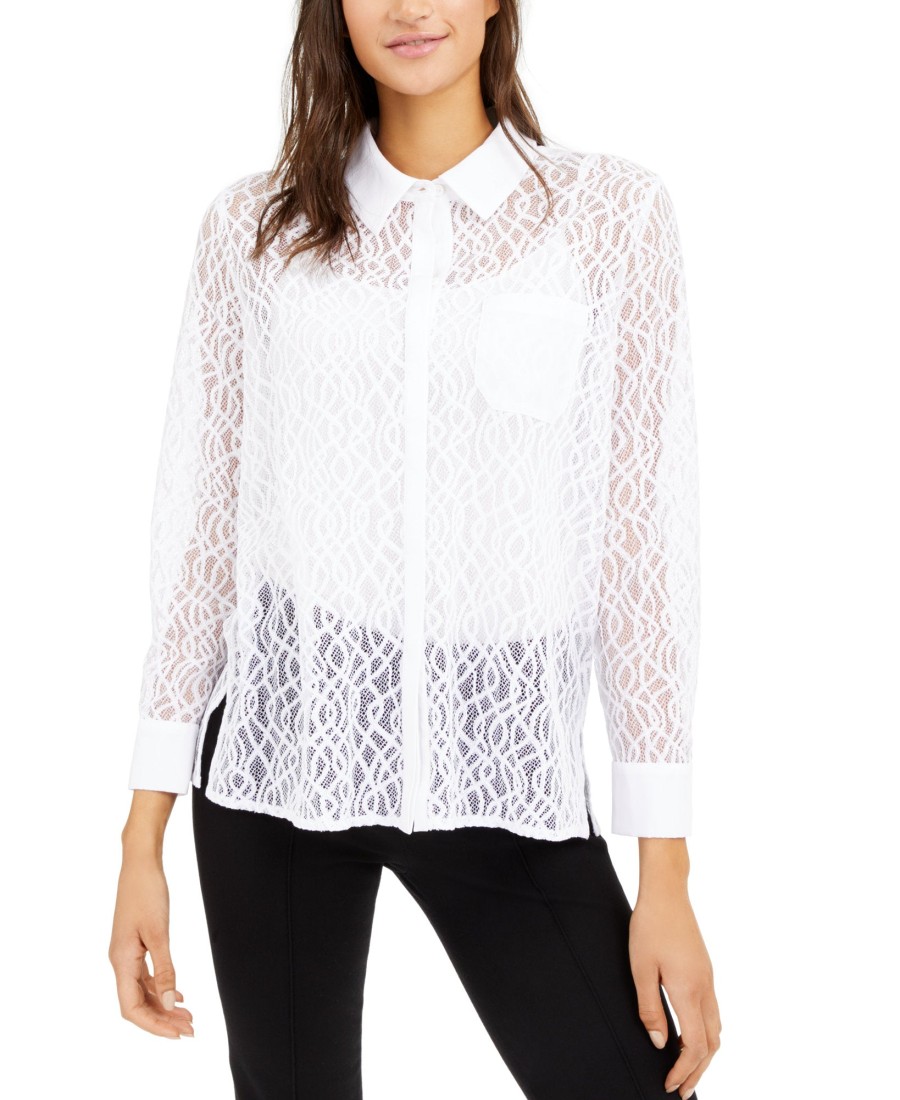 Juniors' Alfani | Lace Button-Down Top White