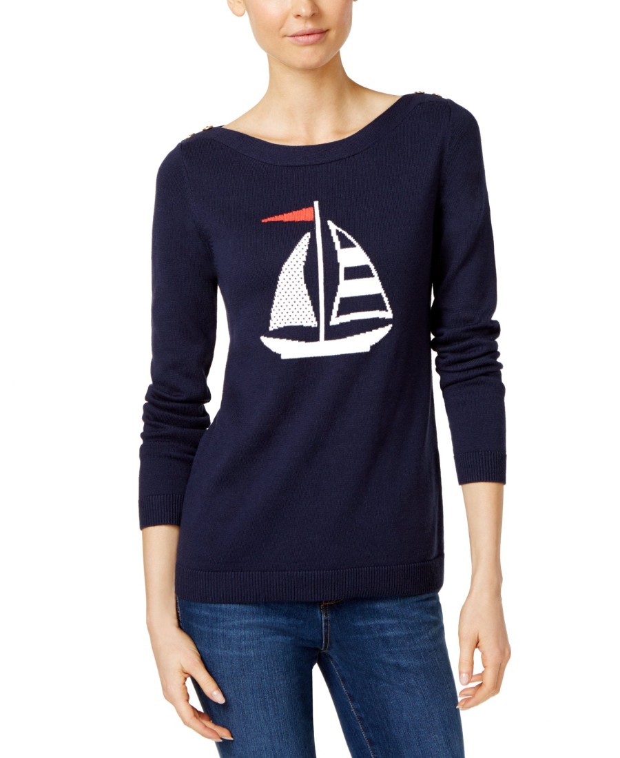 Women'S Charter Club | Sailboat Graphic Sweater Intrepid Blue Combo