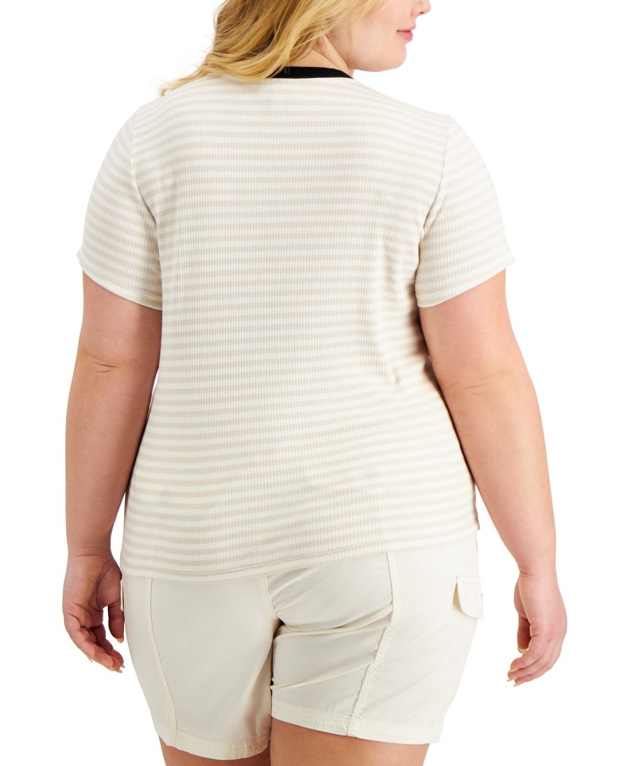 Women'S Style & Co | Ribbed Stripe-Print T-Shirt Beam Stripe Beige