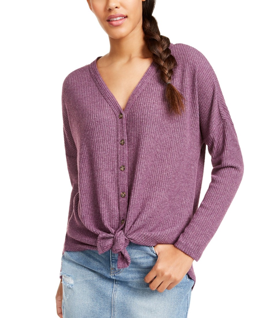 Juniors' Ultra Flirt | Juniors' Cozy Ribbed Tie-Front Top