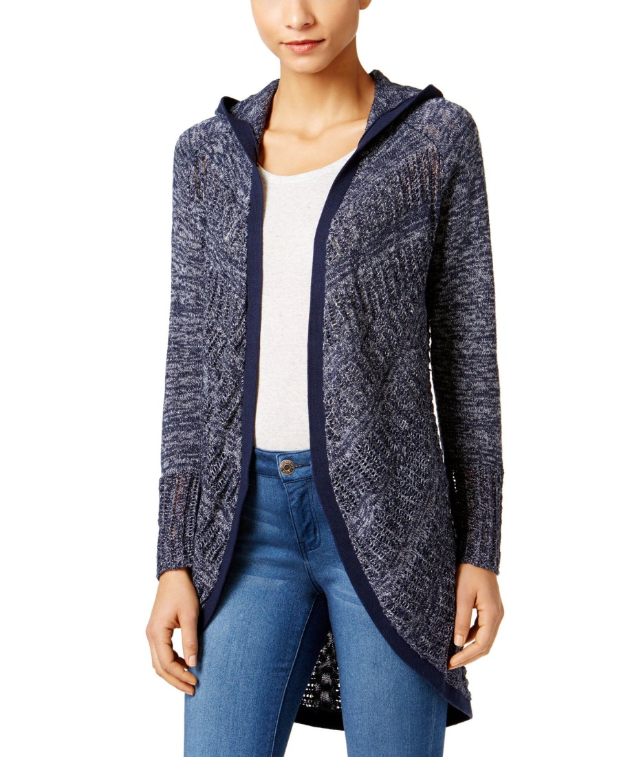 Women'S Style & Co | Pointelle Hooded Cardigan Industrial Blue