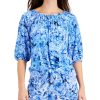 Women'S JM Collection | Ariana Printed Gauze Tie-Front Top Deep Cobalt Combo