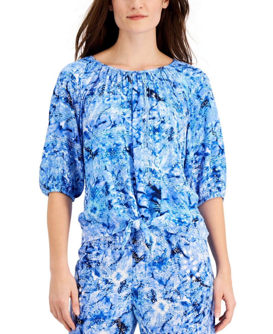 Women'S JM Collection | Ariana Printed Gauze Tie-Front Top Deep Cobalt Combo