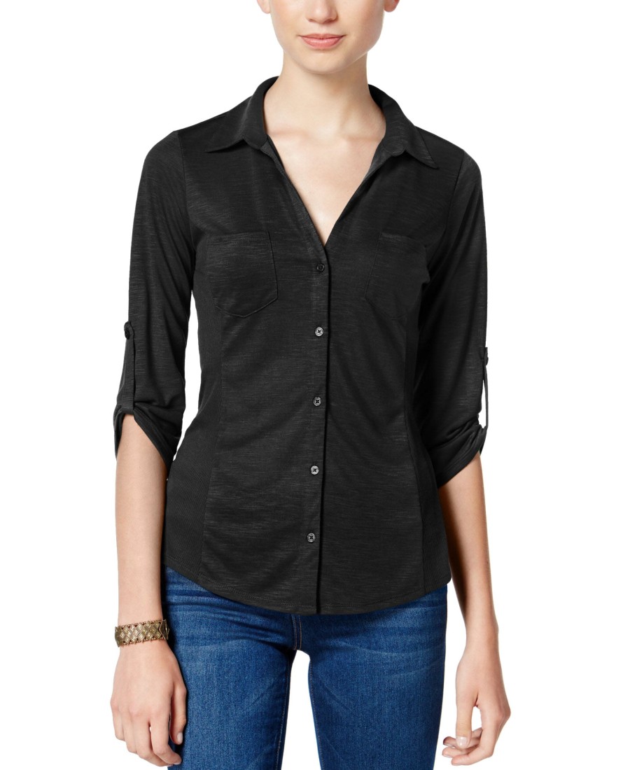 Juniors' Almost Famous | Juniors' Ribbed-Panel Button-Down Top