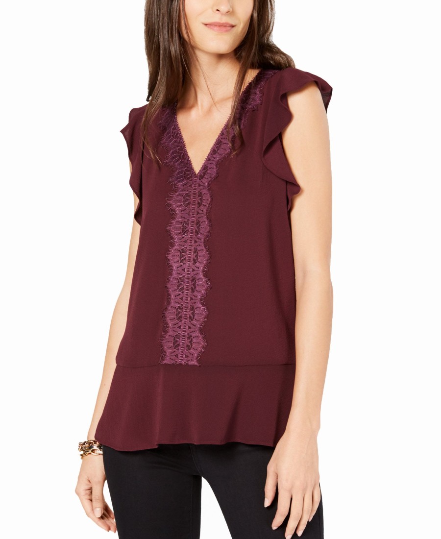 Women'S MICHAEL Michael Kors | V-Neck Lace-Trim Top Cordovan