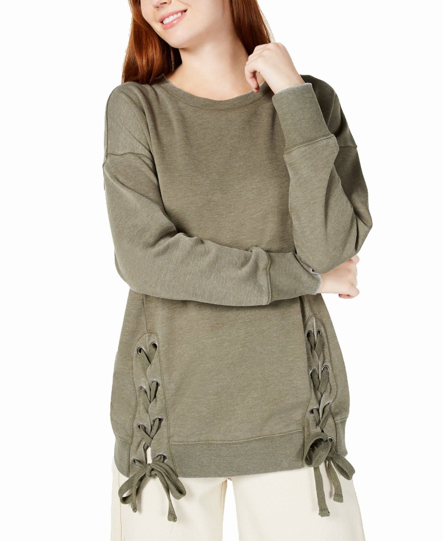 Women'S Hippie Rose | Lace-Up Tunic Sweatshirt Olive