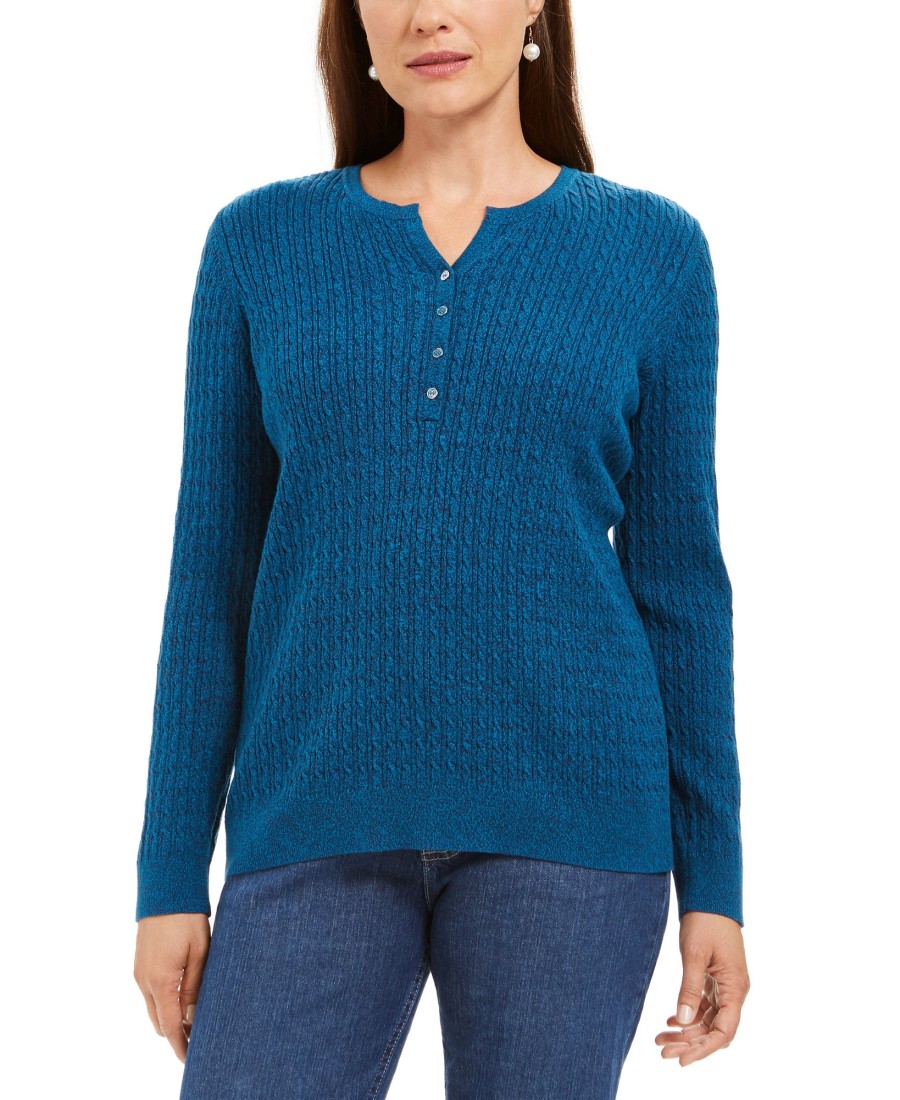 Women'S Karen Scott | Cable-Knit Henley Sweater Blue Teal Marl