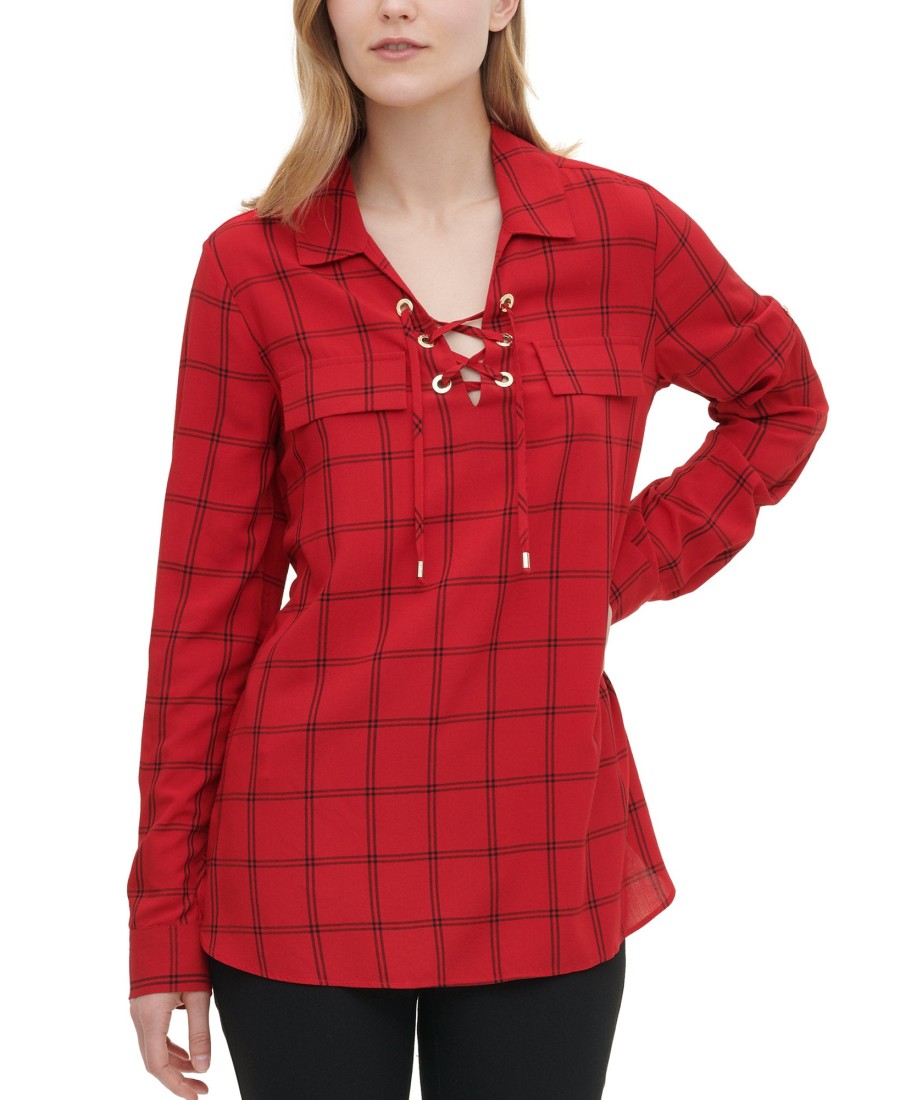 Women'S Calvin Klein | Windowpane-Print Lace-Up Top Medium Red