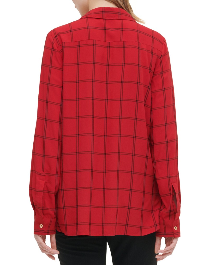 Women'S Calvin Klein | Windowpane-Print Lace-Up Top Medium Red