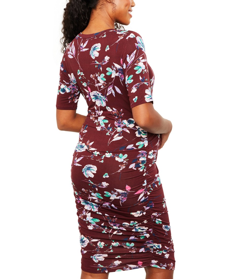 Women'S Motherhood Maternity | Ruched Elbow-Sleeve Dress Burgundy Floral