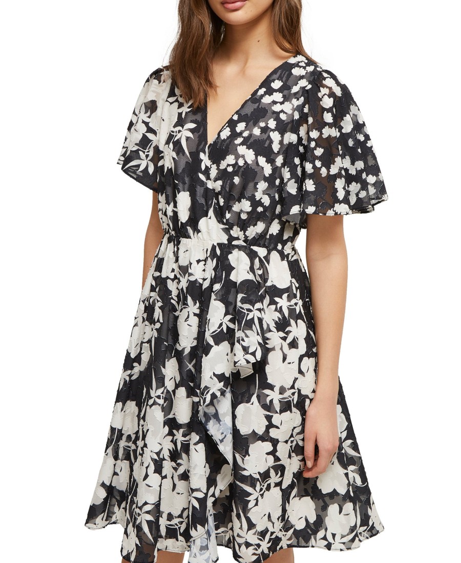 Women'S French Connection | Flutter-Sleeve Fit Flare Dress Black/Classic Cream