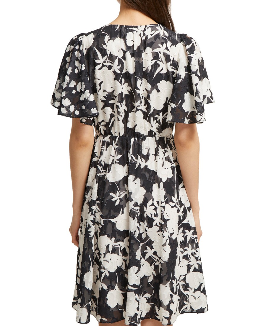 Women'S French Connection | Flutter-Sleeve Fit Flare Dress Black/Classic Cream