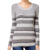 Juniors' Pink Rose | Juniors' Striped Scoop-Neck Fine Gauge Sweater Medium Heather Grey/Black