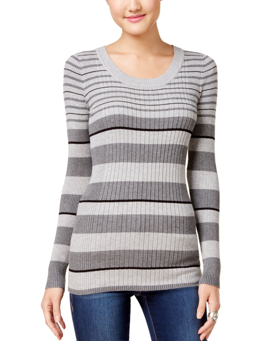 Juniors' Pink Rose | Juniors' Striped Scoop-Neck Fine Gauge Sweater Medium Heather Grey/Black