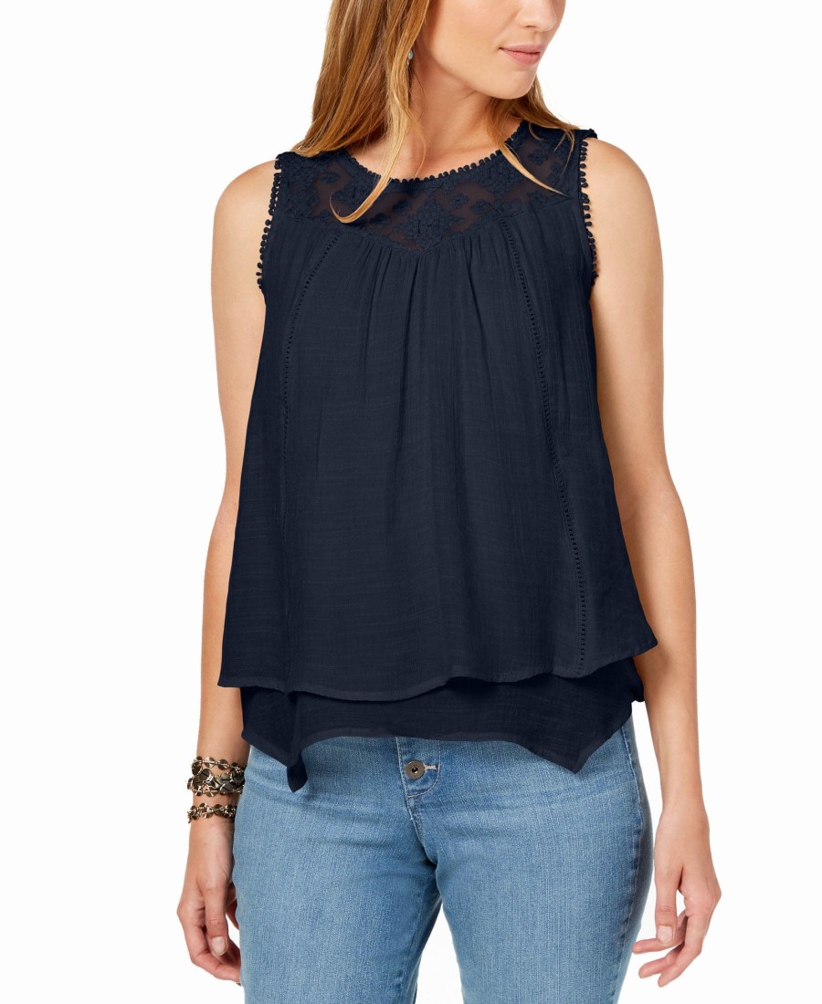 Women'S Style & Co | Petite Layered-Hem Lace-Trim Top Industrial Blue