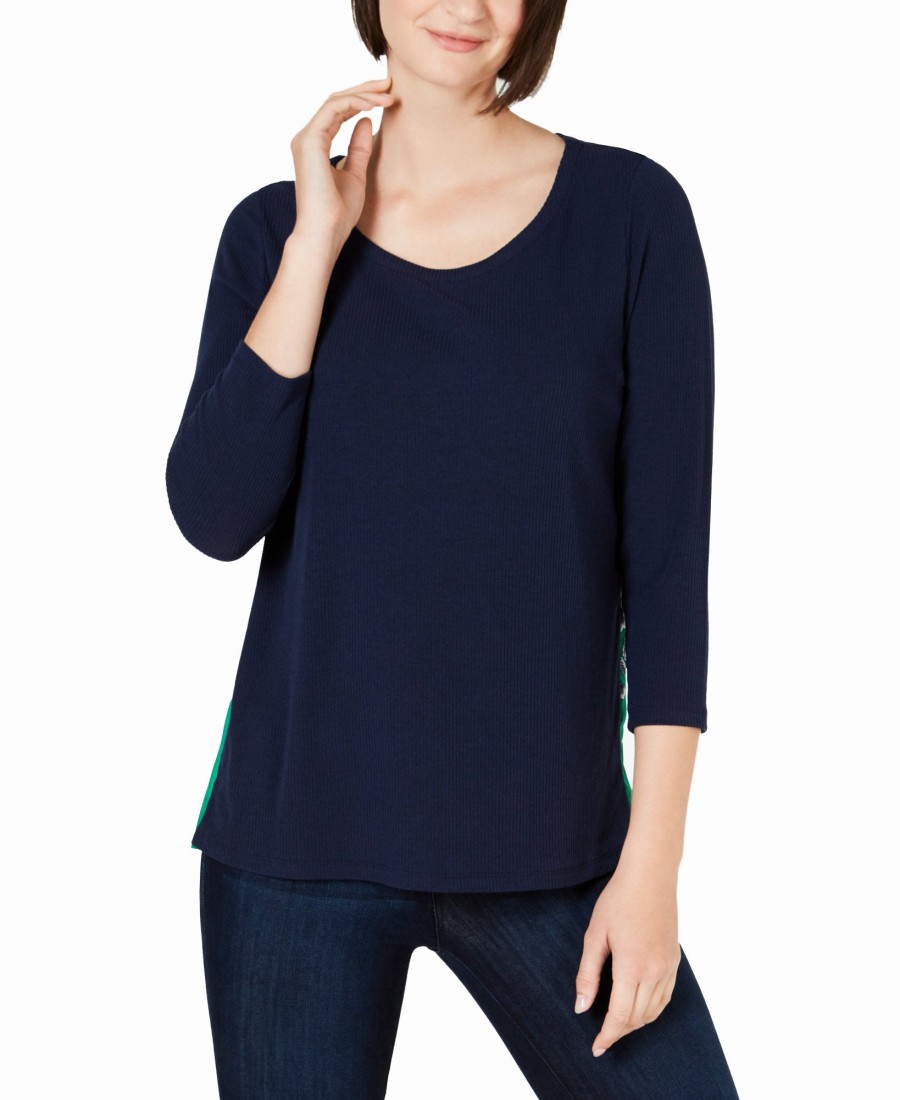 Women'S Charter Club | Contrast Pleated-Back Ribbed Top Intrepid Blue