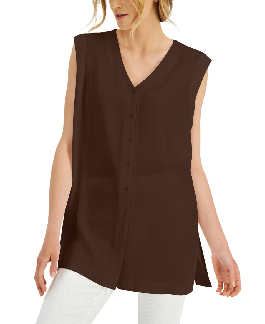 Juniors' Alfani | Solid Button-Down V-Neck Tunic Top