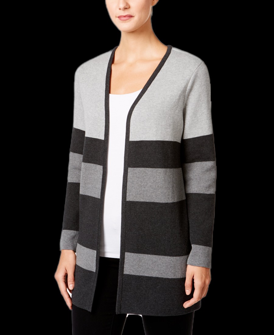 Women'S Charter Club | Striped Open-Front Cardigan Black Ice Heather Combo