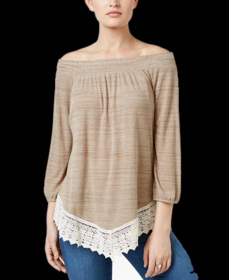 Women'S Style & Co | Crochet-Hem Bishop-Sleeve Top Neutral Combo