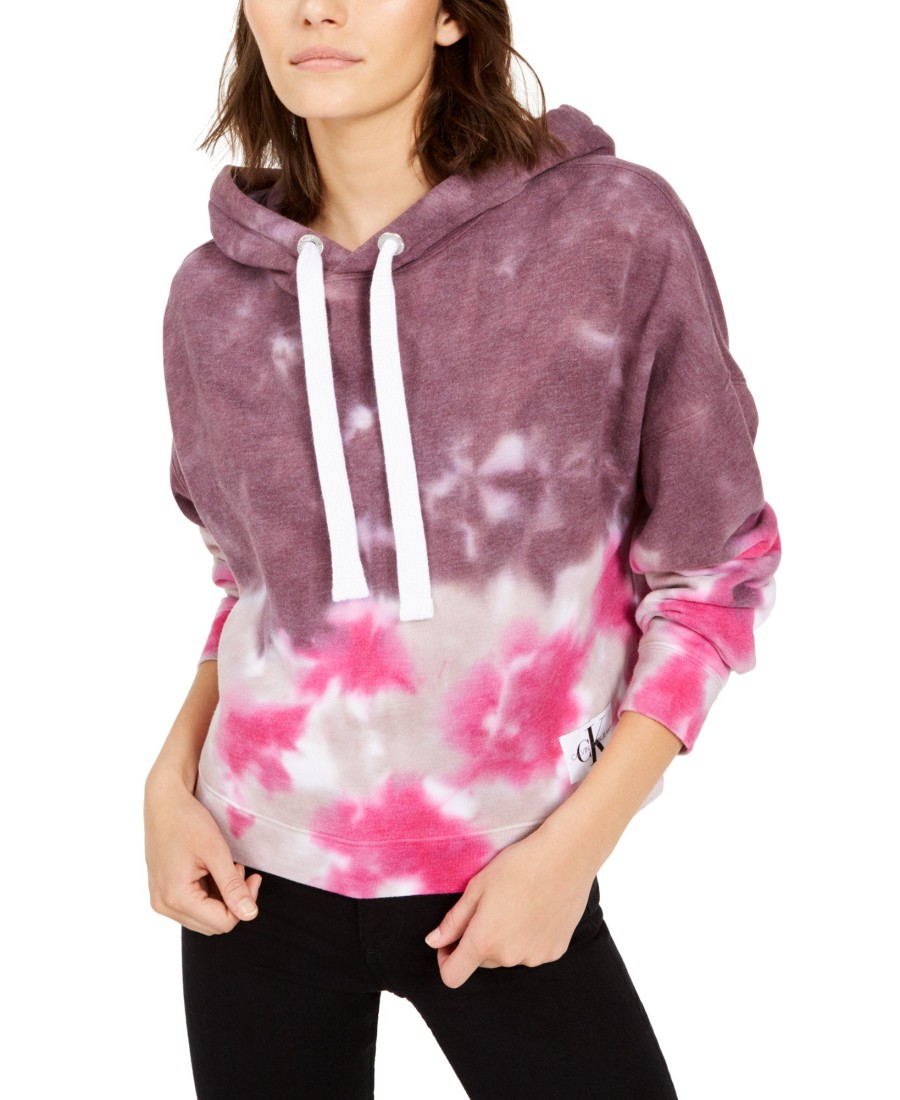 Women'S Calvin Klein Jeans | High Tide Tie-Dyed Cropped Hoodie Sangria Combo