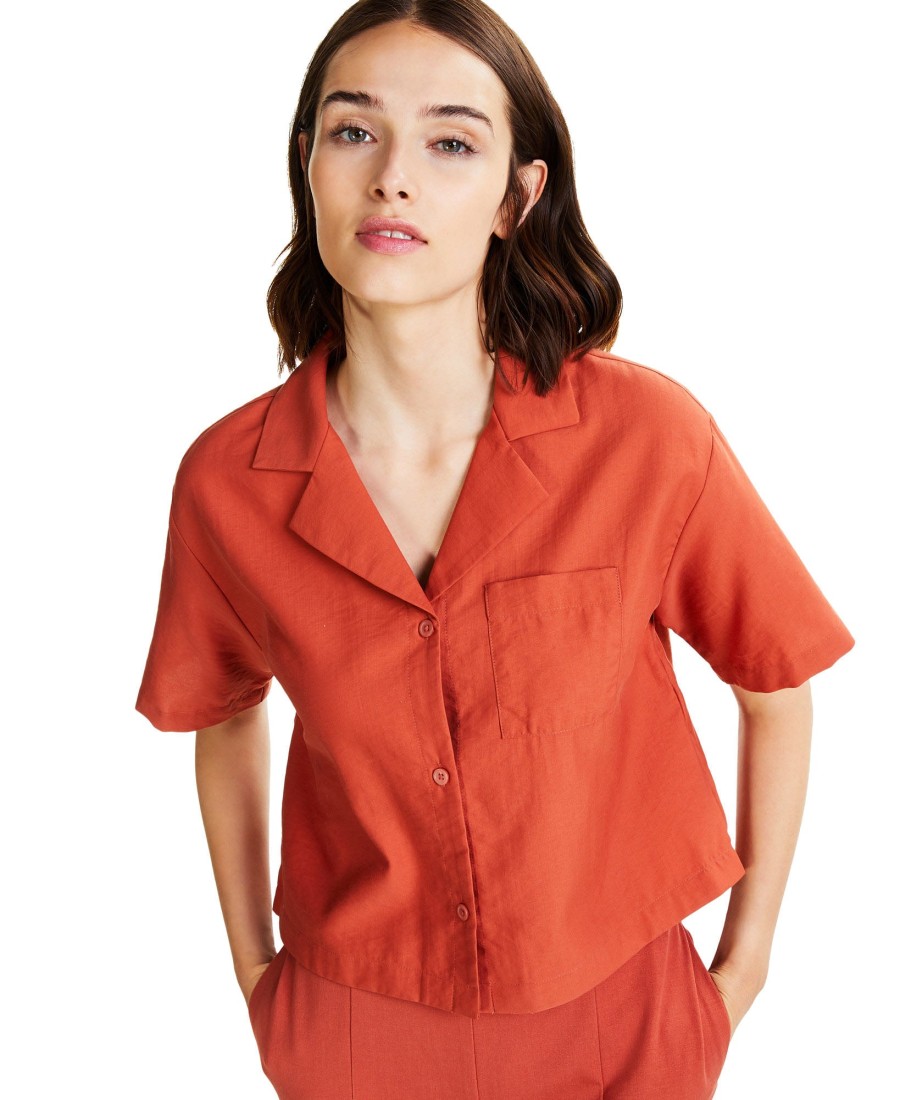 Women'S Alfani | Solid Button-Down Notched-Collar Cropped Shirt Cedar Chest