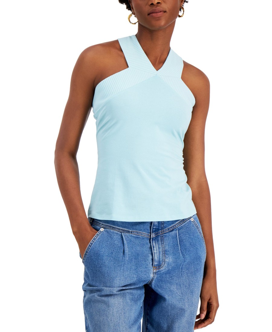 Women'S INC International Concepts | Cotton Ribbed-Trim V-Neck Top Pastel Cloud