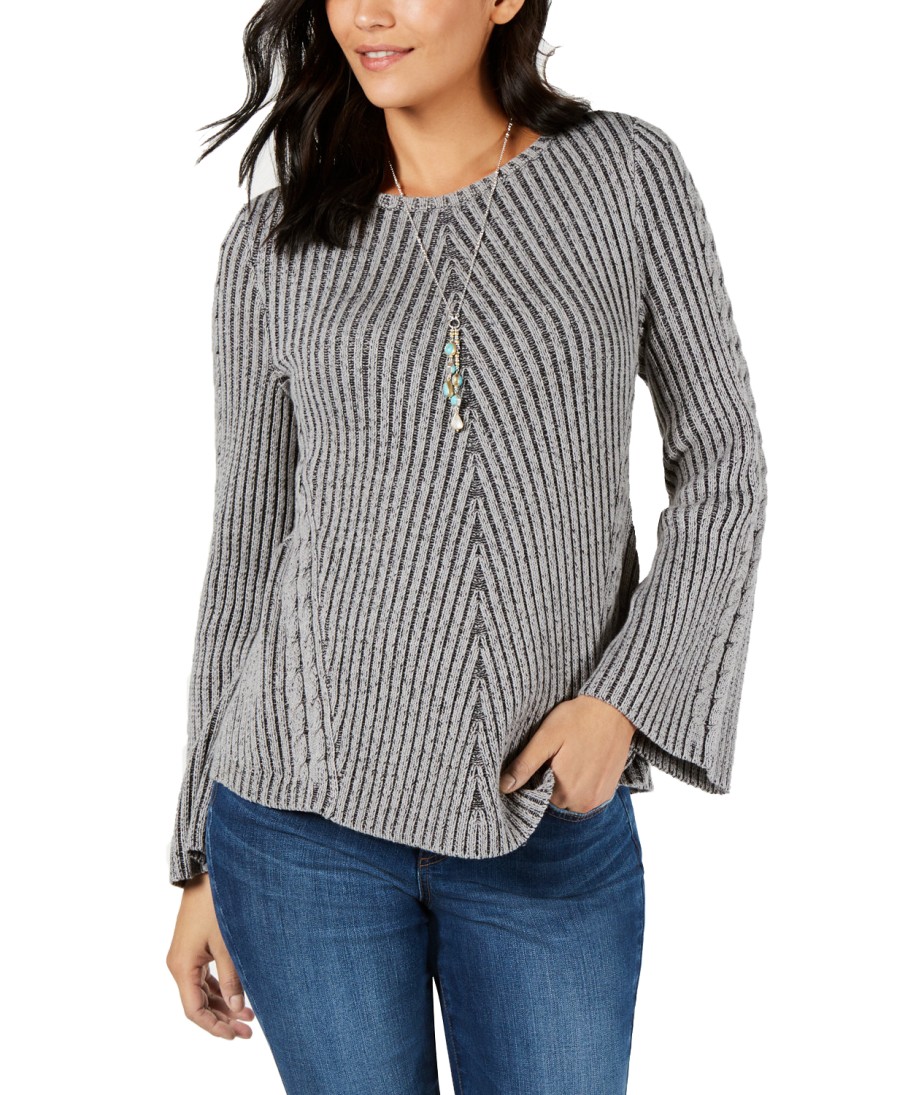 Women'S Style & Co | Ribbed And Cabled Fitted Sweater Bold Grey/Deep Black