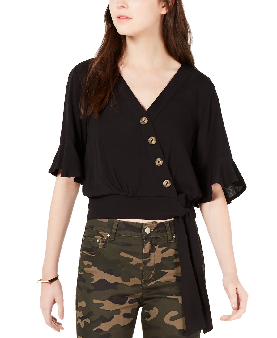 Juniors' Gypsies & Moondust | Juniors' Solid Button Wrap Blouse Black