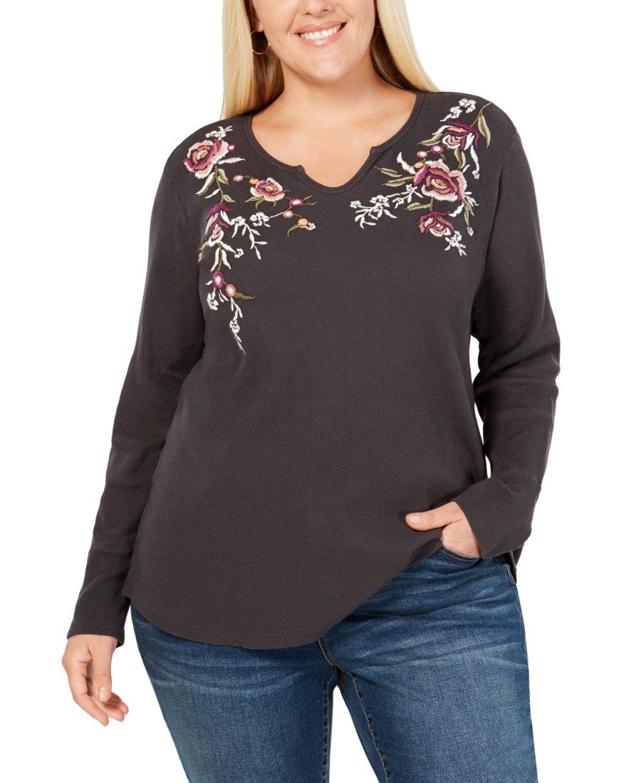 Women'S Style & Co | Plus Cotton Embroidered Thermal Top Grey Desert