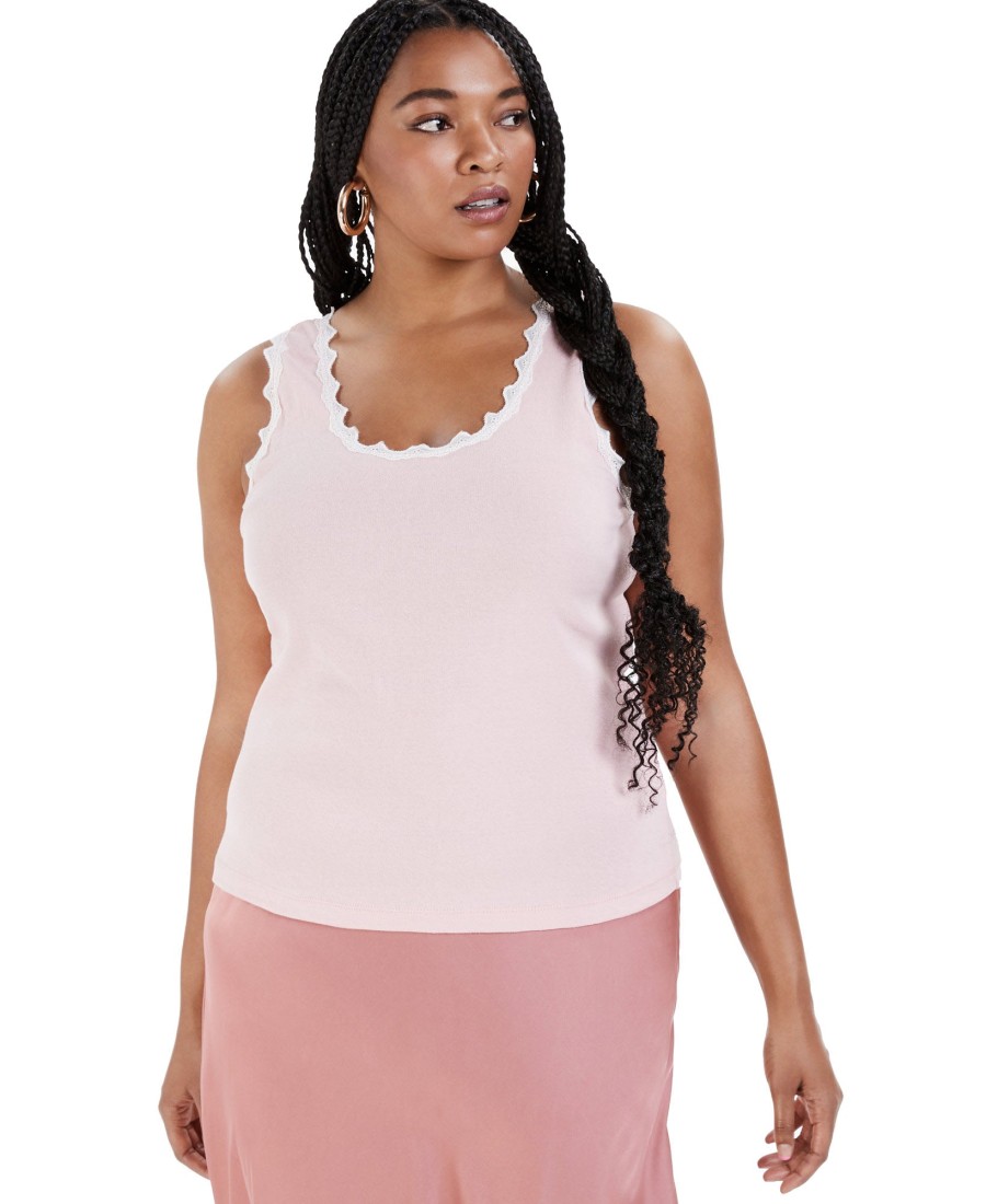 Women'S Rebellious One | Plus Trendy Lace-Trim Cotton Tank Top Pink