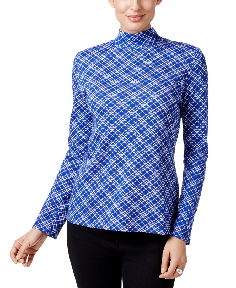 Women'S Karen Scott | Plaid Mock-Neck Top Bright Blue