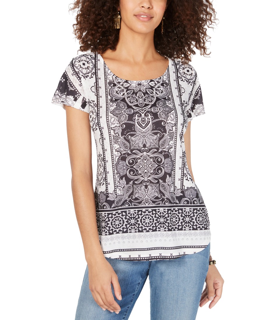 Women'S Style & Co | Printed Scoop-Neck T-Shirt Crystal Black