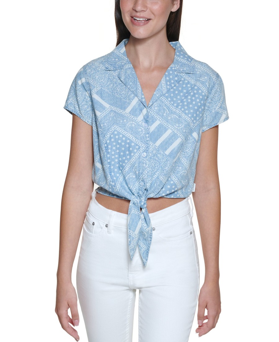 Women'S Calvin Klein Jeans | Printed Button-Front Tie-Hem Top Chambray Blue