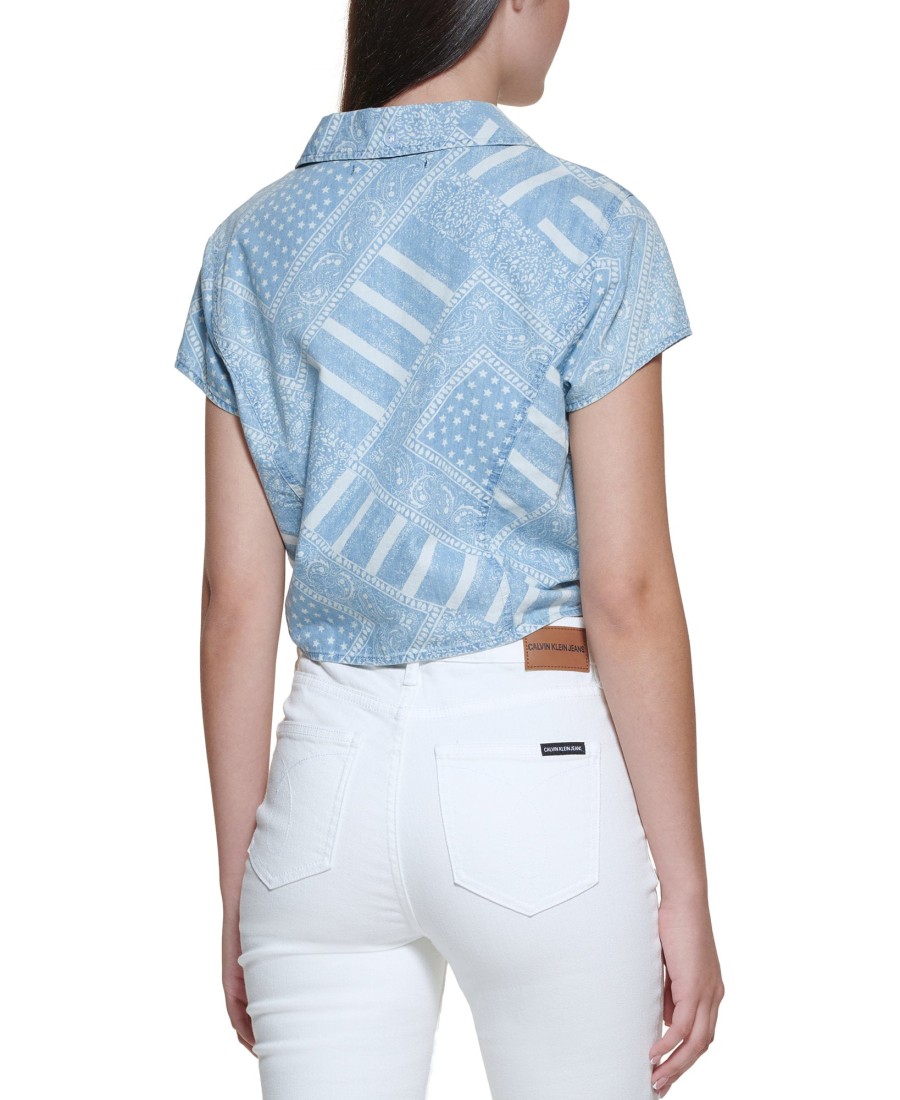 Women'S Calvin Klein Jeans | Printed Button-Front Tie-Hem Top Chambray Blue