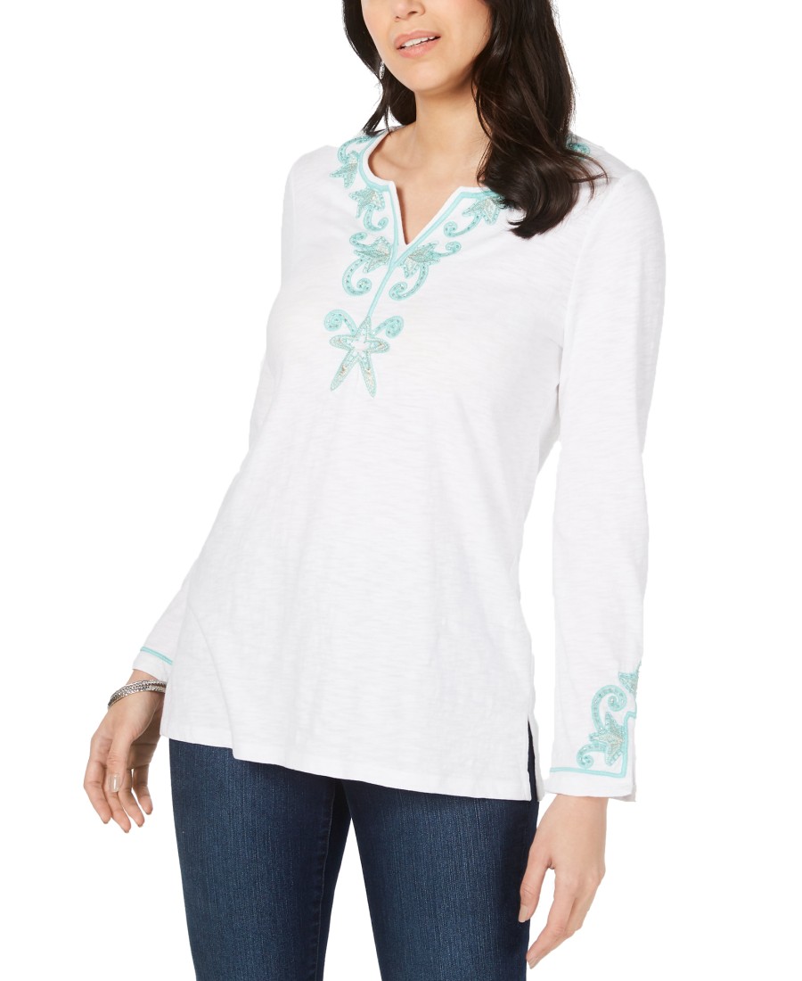 Women'S Charter Club | Cotton Embroidered Top Bright White