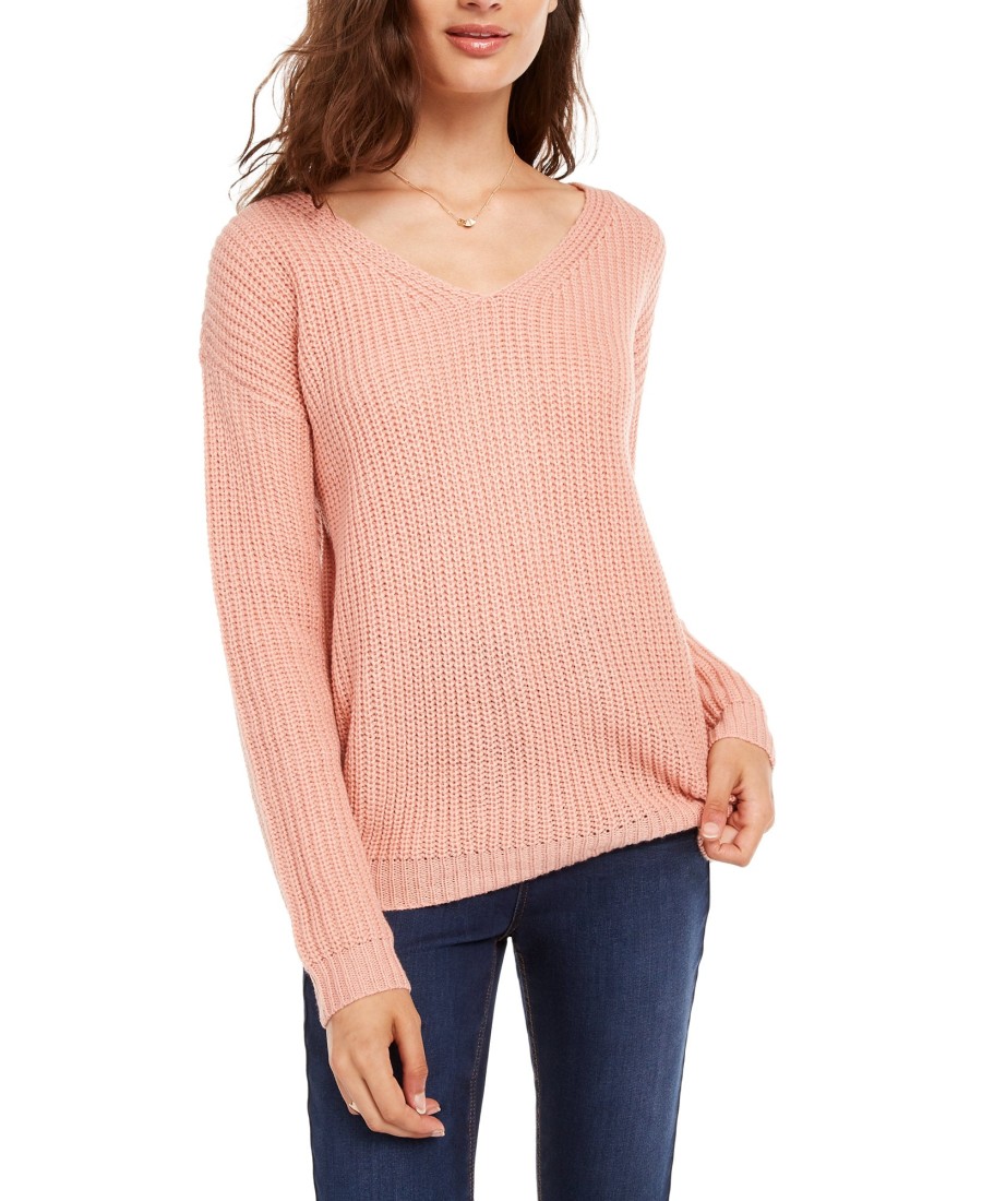 Juniors' Ultra Flirt | Juniors' Lace-Up Back Sweater Peach Beige