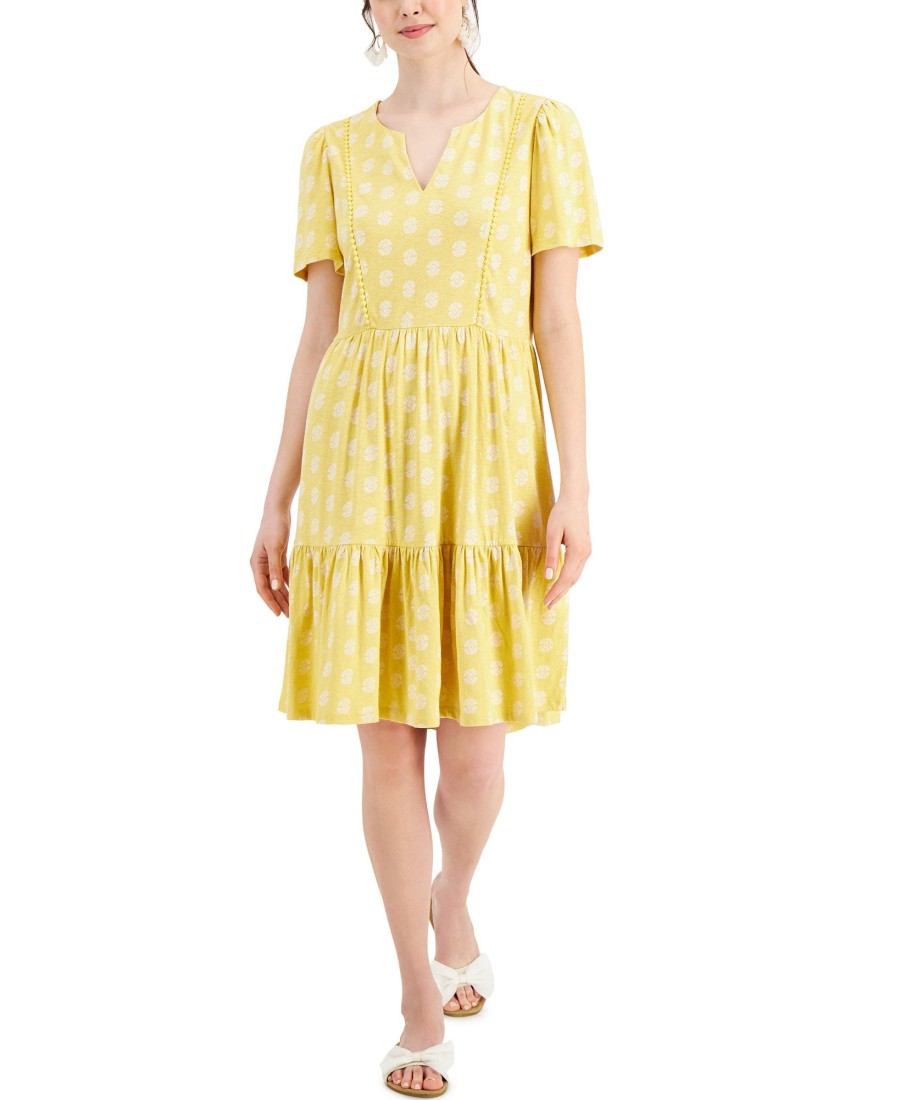 Women'S Charter Club | Split-Neck Printed Dress Mist Yellow Combo