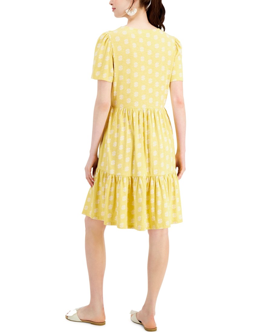 Women'S Charter Club | Split-Neck Printed Dress Mist Yellow Combo