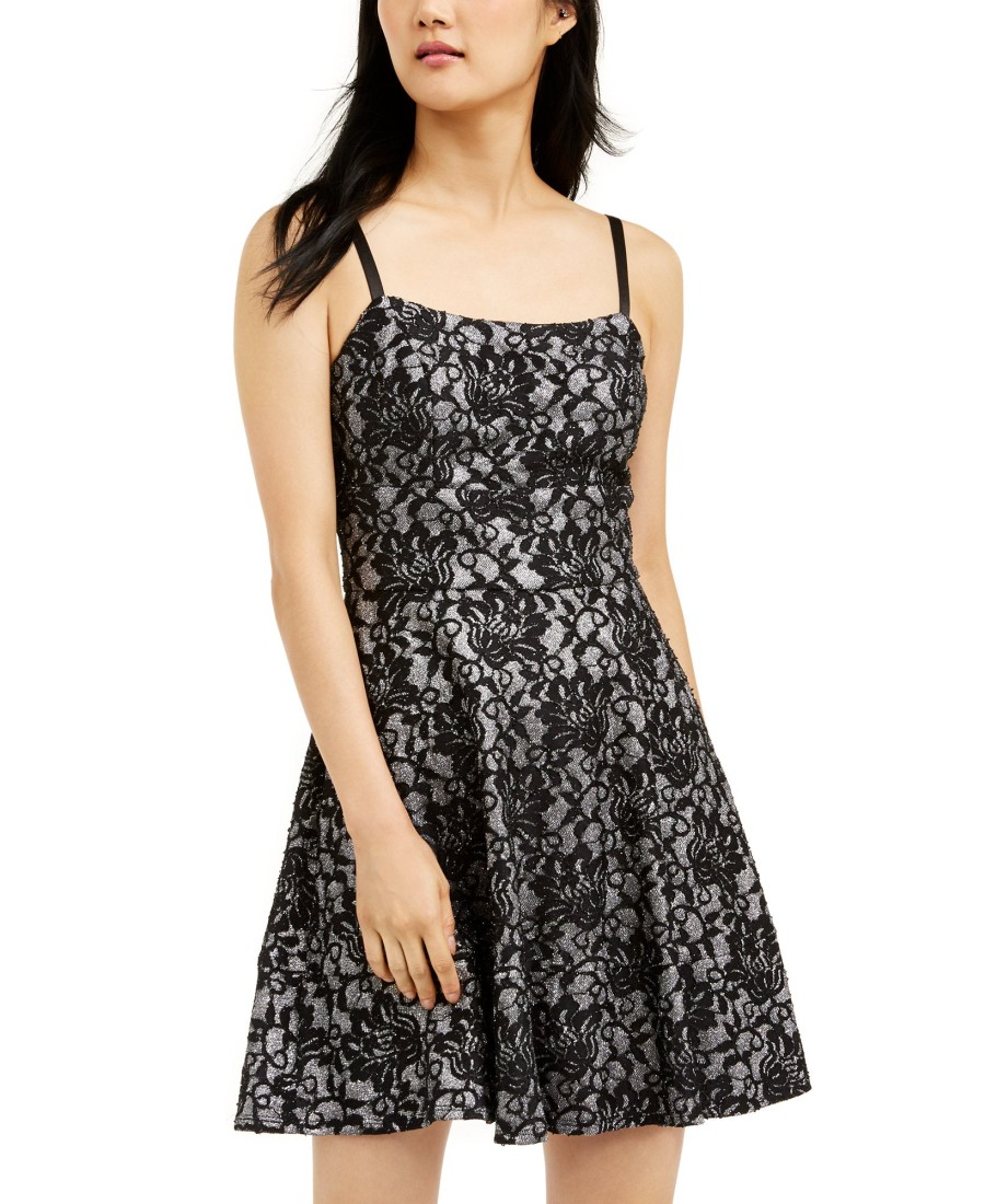 Juniors' Speechless | Juniors' Bonded-Lace Ruffle Hem Dress Black/Silver