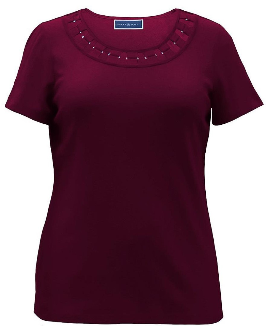 Women'S Karen Scott | Cotton Ring-Trim T-Shirt Merlot