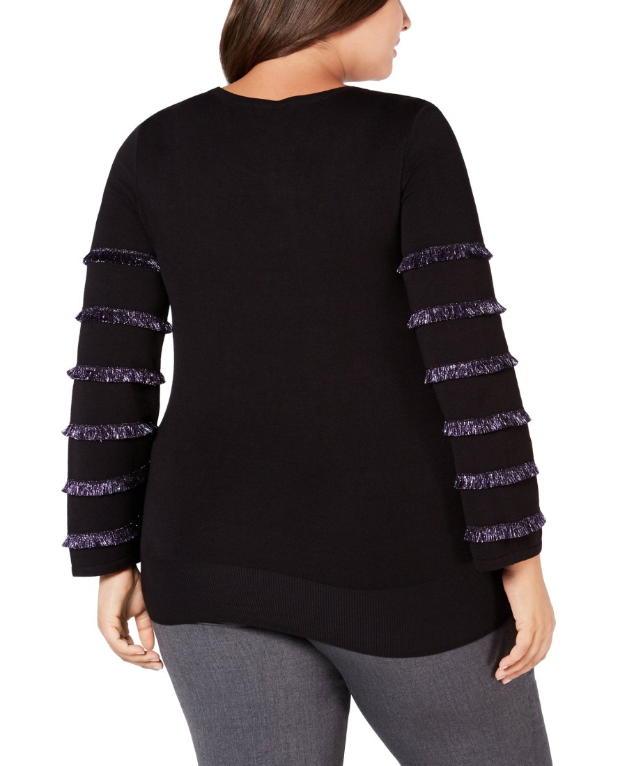 Juniors' Alfani | Plus Fringe-Sleeve Sweater Black