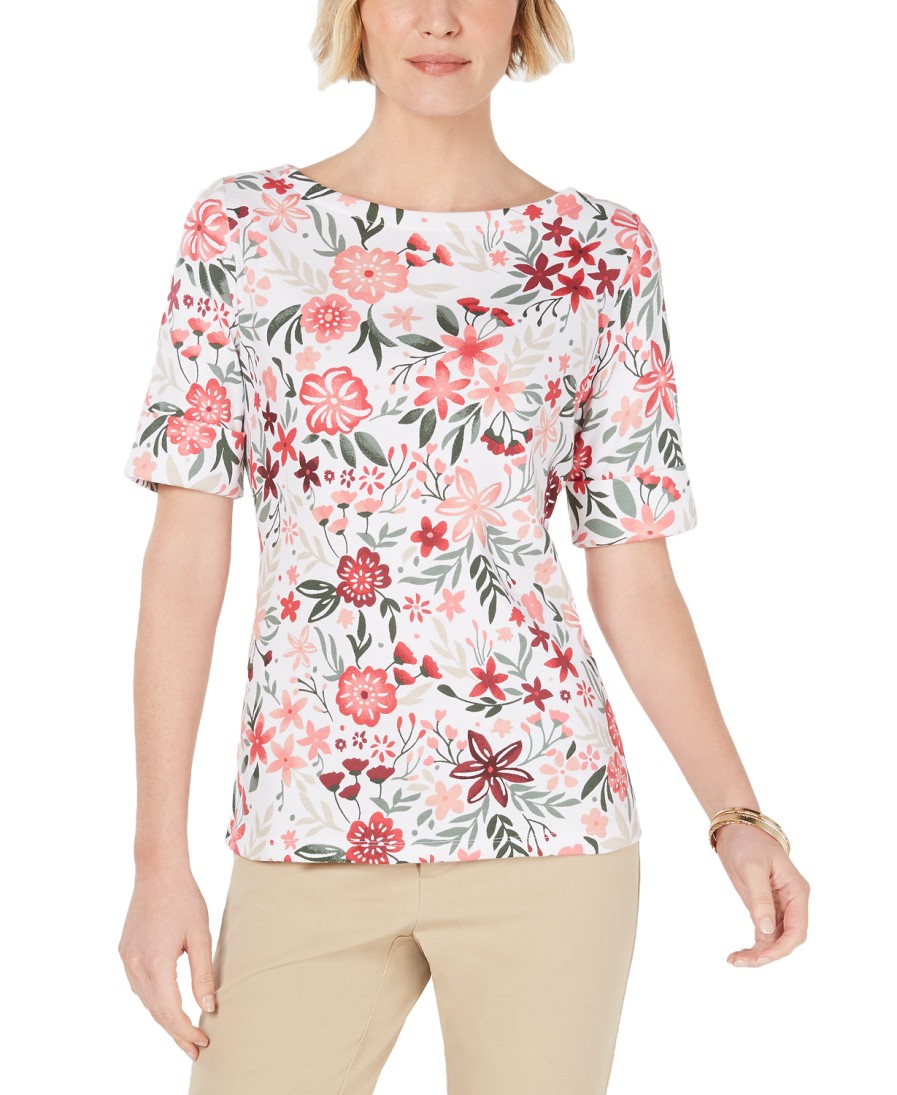 Women'S Karen Scott | Printed Boat-Neck Top Peony Coral